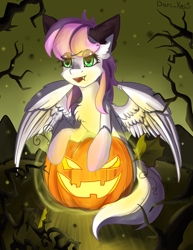 Size: 1591x2059 | Tagged: safe, alternate character, alternate version, artist:yuris, oc, oc only, oc:flutter cat, pegasus, pony, commission, female, halloween, holiday, smiling, solo, ych result