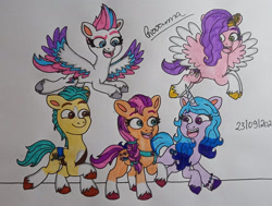 Size: 1832x1387 | Tagged: safe, artist:gigi-sonicandgumball, hitch trailblazer, izzy moonbow, pipp petals, sunny starscout, zipp storm, earth pony, pegasus, pony, unicorn, g5, my little pony: a new generation, mane five, traditional art