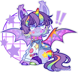 Size: 1546x1430 | Tagged: safe, artist:glittermunchie, oc, oc only, alicorn, bat pony, bat pony alicorn, pony, base used, bat wings, clothes, colored horn, horn, rainbow horn, solo, starry eyes, wingding eyes, wings