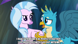 Size: 1280x720 | Tagged: safe, edit, edited screencap, editor:jaredking779, screencap, gallus, silverstream, classical hippogriff, griffon, hippogriff, g4, season 8, what lies beneath, caption, female, image macro, male, meme, ship:gallstream, shipping, straight, text