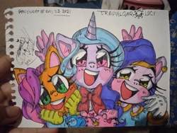 Size: 2080x1560 | Tagged: safe, artist:trafalgarlucy, izzy moonbow, pipp petals, sunny starscout, earth pony, pegasus, unicorn, anthro, g5, my little pony: a new generation, bow, clothes, female, open mouth, open smile, smiling, traditional art, trio