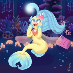 Size: 1024x1024 | Tagged: safe, artist:mappyprang22, princess skystar, seapony (g4), g4, my little pony: the movie, blue eyes, blue mane, blushing, bubble, clothes, coral, digital art, dorsal fin, female, fin wings, fins, fish tail, flower, flower in hair, flowing mane, flowing tail, freckles, glowing, jewelry, looking up, necklace, ocean, open mouth, open smile, pearl necklace, red wings, reef, scales, seaquestria, seashell, seaweed, signature, smiling, solo, swimming, tail, teeth, underwater, water, wings