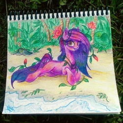 Size: 1080x1080 | Tagged: safe, artist:annvakki, oc, oc only, earth pony, pony, beach, female, lying down, mare, prone, solo, traditional art