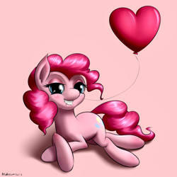 Size: 2000x2000 | Tagged: safe, artist:renatethepony, pinkie pie, earth pony, pony, g4, balloon, bedroom eyes, female, grin, heart, heart balloon, high res, mare, mouth hold, pink background, simple background, smiling, solo
