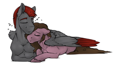 Size: 1094x561 | Tagged: safe, artist:royvdhel-art, oc, oc only, pegasus, pony, colored wings, eyes closed, hug, lying down, male, pegasus oc, prone, simple background, sleeping, snuggling, stallion, two toned wings, white background, winghug, wings