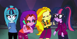 Size: 2085x1080 | Tagged: safe, artist:bigpurplemuppet99, adagio dazzle, aria blaze, sci-twi, sonata dusk, sunset shimmer, twilight sparkle, equestria girls, g4, catra, halloween, holiday, ronnie anne santiago, she-ra and the princesses of power, sid chang, the casagrandes, the dazzlings