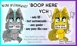 Size: 4096x2464 | Tagged: safe, artist:julunis14, oc, oc only, oc:ayza, alicorn, pony, unicorn, advertisement, boop, commission, paper, text, your character here