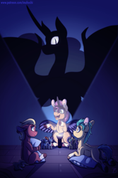 Size: 1333x2000 | Tagged: safe, artist:inuhoshi-to-darkpen, fluttershy, hitch trailblazer, nightmare moon, rainbow dash, rarity, sprout cloverleaf, sunny starscout, earth pony, pony, unicorn, g5, my little pony: a new generation, colt, colt hitch trailblazer, colt sprout cloverleaf, fake alicorn, fake horn, fake wings, female, figurine, filly, filly sunny starscout, flashlight (object), male, mare, scary story, stallion, toy, trio