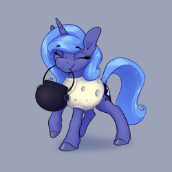 Size: 1900x1900 | Tagged: safe, artist:aquaticvibes, princess luna, alicorn, pony, cauldron, clothes, costume, cute, eyes closed, female, filly, gray background, halloween, halloween costume, holiday, lunabetes, mare in the moon, moon, mouth hold, s1 luna, simple background, solo, woona, younger