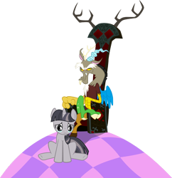 Size: 3572x3686 | Tagged: safe, artist:bubblestormx, artist:tourniquetmuffin, artist:wardex101, edit, vector edit, discord, twilight sparkle, draconequus, pony, unicorn, g4, the return of harmony, bad end, chaos, crossed legs, crying, discord's throne, discorded, discorded landscape, discorded twilight, duo, evil smile, female, frown, grin, high res, male, mare, sad, simple background, sitting, smiling, throne, transparent background, twilight tragedy, unicorn twilight, vector, youtube link