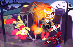 Size: 1400x906 | Tagged: safe, artist:pixelkitties, apple bloom, big macintosh, bat, earth pony, pony, skeleton pony, g4, bone, chains, fire, full moon, ghost rider, halloween, holiday, macintosh apple: the ghost rider, moon, scooter, skeleton, unshorn fetlocks