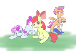 Size: 1200x800 | Tagged: safe, artist:国産ウォンバット, apple bloom, scootaloo, sweetie belle, earth pony, pegasus, pony, unicorn, g4, apple bloom's bow, bipedal, bow, cutie mark crusaders, female, filly, hair bow, looking at you, scooter, trio, trio female