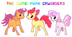 Size: 1816x937 | Tagged: safe, artist:manmaru00, apple bloom, scootaloo, sweetie belle, earth pony, pegasus, pony, unicorn, g4, butt, cutie mark crusaders, featureless crotch, female, filly, plot