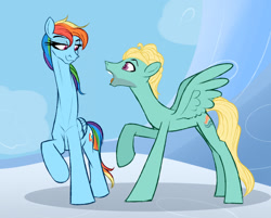 Size: 1280x1027 | Tagged: safe, artist:astr0zone, rainbow dash, zephyr breeze, pegasus, pony, g4, bedroom eyes, cloud, female, height difference, impossibly long neck, jaw drop, long neck, looking at each other, male, mare, necc, on a cloud, open mouth, raised hoof, ship:zephdash, shipping, shocked, smiling, smirk, smug, spread wings, stallion, straight, stretchy, tall, wingboner, wings