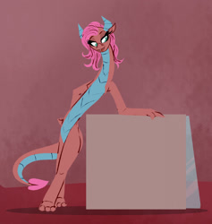Size: 1215x1280 | Tagged: safe, artist:astr0zone, mina, dragon, g4, dragoness, female, lanky, leaning, long neck, necc, open mouth, open smile, shelf, skinny, smiling, smug, solo, stretchy, tall, thin