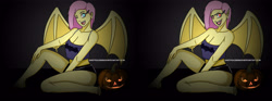 Size: 5988x2216 | Tagged: safe, artist:sandypeacebringer, fluttershy, bat pony, equestria girls, g4, barefoot, bat ponified, bat wings, breasts, cleavage, clothes, fangs, feet, female, flutterbat, halloween, holiday, jack-o-lantern, one eye closed, open mouth, open smile, pointed ears, pumpkin, race swap, red eyes, smiling, solo, wings, wink