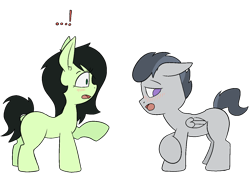 Size: 1414x1000 | Tagged: safe, artist:happy harvey, rumble, oc, oc:filly anon, earth pony, pegasus, pony, g4, ..., blushing, colored pupils, colt, ear fluff, exclamation point, female, filly, floppy ears, leg in air, male, open mouth, phone drawing, raised hoof, simple background, transparent background, wide eyes