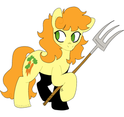 Size: 1280x1214 | Tagged: safe, artist:sisyphuscourgie, artist:summersplash, carrot top, golden harvest, earth pony, pony, g4, female, looking back, mare, pitchfork, raised hoof, simple background, solo, transparent background