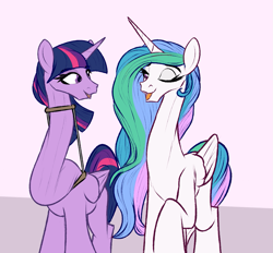 Size: 1143x1059 | Tagged: safe, artist:astr0zone, princess celestia, twilight sparkle, alicorn, pony, g4, duo, duo female, female, impossibly long neck, long neck, looking at each other, mare, necc, neck brace, neck stretching, one eye closed, open mouth, open smile, pink background, princess necklestia, raised hoof, saggy, simple background, smiling, stretchy, tall, twilight sparkle (alicorn), twisted neck, walking