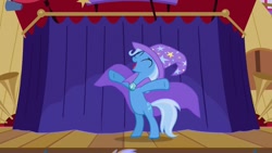 Size: 1280x720 | Tagged: safe, screencap, trixie, pony, unicorn, boast busters, g4, my little pony: friendship is magic, season 1, cape, clothes, eyes closed, female, hat, open mouth, solo, t pose, trixie's cape, trixie's hat