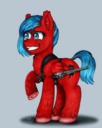 Size: 3200x4000 | Tagged: safe, artist:yumomochan, pegasus, pony, fallout equestria, ammunition, commission, crazy face, crazy smile, ear fluff, faic, female, full body, gun, handgun, harness, mare, original character do not steal, revolver, short hair, short tail, standing, tack, tail, teeth