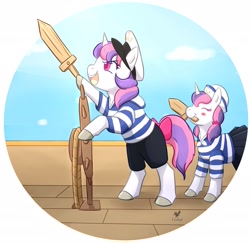 Size: 2173x2112 | Tagged: safe, artist:foxhatart, oc, oc only, oc:penelope, oc:peridrop, pony, unicorn, clothes, duo, female, filly, high res, mare, mouth hold, not sweetie belle, partial background, sailor uniform, uniform, wooden sword