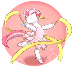 Size: 1984x1820 | Tagged: safe, artist:foxhatart, oc, oc only, oc:rose, pony, unicorn, ballerina, ballet, ballet slippers, bipedal, clothes, cute, dancing, eyes closed, female, hair bun, mare, ocbetes, partial background, ribbon, smiling, solo, standing on one leg, tutu, tutu cute