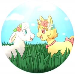 Size: 2024x2000 | Tagged: safe, artist:foxhatart, oc, oc only, oc:dandelion, pony, sheep, unicorn, bow, colt, duo, floral head wreath, flower, high res, male, open mouth, partial background, tail, tail bow