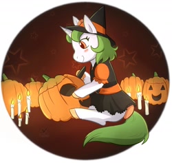 Size: 1287x1218 | Tagged: safe, artist:foxhatart, oc, oc only, oc:lime, pony, unicorn, bow, candle, female, halloween, holiday, jack-o-lantern, mare, partial background, pumpkin, solo, tail, tail bow