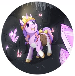 Size: 1284x1296 | Tagged: safe, artist:foxhatart, oc, oc only, oc:periwinkle, pony, unicorn, bag, bow, cave, crystal, female, helmet, mare, open mouth, partial background, saddle bag, solo, tail, tail bow, underground