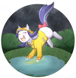 Size: 1508x1544 | Tagged: safe, artist:foxhatart, oc, oc only, oc:violet, pony, unicorn, bow, female, happy, hat, mare, open mouth, partial background, playing, puddle, rain, raincoat, solo, tail, tail bow