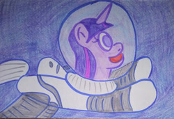 Size: 1280x877 | Tagged: safe, artist:dex stewart, twilight sparkle, pony, unicorn, g4, astronaut, solo, space, spacesuit, traditional art, unicorn twilight