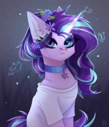 Size: 3168x3686 | Tagged: safe, artist:elektra-gertly, starlight glimmer, pony, unicorn, g4, clothes, cute, eye clipping through hair, female, flower, flower in hair, glimmerbetes, glowing, glowing horn, high res, horn, jewelry, necklace, solo