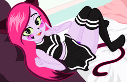 Size: 2461x1592 | Tagged: safe, artist:machakar52, artist:yaya54320bases, cat, equestria girls, g4, base used, clothes, ears, equestria girls-ified, female, pinky (teen-z), skirt, socks, solo, stocking feet, stockings, tail, teen-z, thigh highs