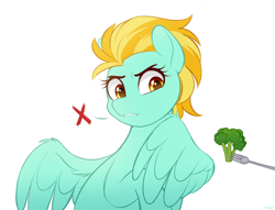 Size: 1600x1220 | Tagged: safe, artist:higglytownhero, lightning dust, pegasus, pony, g4, broccoli, cute, do not want, dustabetes, female, food, fork, mare, simple background, solo, spread wings, white background, wings, x