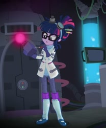 Size: 598x720 | Tagged: safe, artist:annon, edit, edited screencap, screencap, sci-twi, twilight sparkle, equestria girls, g4, clothes, confused, cropped, door, door handle, doors, eyelashes, female, finger, fingers, glasses, gloves, goggles, hair bun, lab coat, laboratory, messy hair, multicolored hair, pencil, purple eyes, purple skin, shoes, show style adventure, solo, striped hair, twilight's lab
