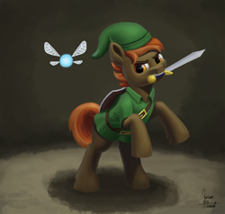 Size: 1150x1095 | Tagged: safe, artist:zevironmoniroth, button mash, earth pony, fairy, pony, g4, clothes, cosplay, costume, crossover, link, mouth hold, navi, newbie artist training grounds, nintendo, rearing, shield, signature, sword, the legend of zelda, video game crossover, weapon