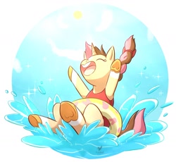 Size: 1416x1302 | Tagged: safe, artist:foxhatart, oc, oc only, oc:neopolitan, pony, unicorn, female, inner tube, mare, open mouth, partial background, playing, solo, splashing