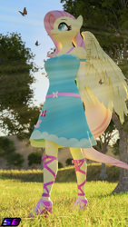 Size: 2160x3840 | Tagged: safe, artist:shadowboltsfm, fluttershy, butterfly, pegasus, anthro, plantigrade anthro, 3d, 4k, blender, breasts, busty fluttershy, cleavage, clothes, cute, daaaaaaaaaaaw, dress, equestria girls outfit, feet, female, high res, lace sandals, nail polish, not sfm, sandals, shyabetes, smiling, solo, sun ray, toenail polish, toes, winged anthro, wings