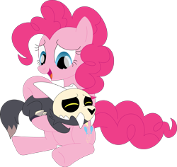 Size: 3581x3377 | Tagged: safe, artist:porygon2z, pinkie pie, earth pony, pony, titan, g4, broken horn, comforting, crossover, cute, daaaaaaaaaaaw, duo, duo male and female, female, high res, horn, king clawthorne, male, open mouth, open smile, scared, show accurate, simple background, skull, smiling, the owl house, transparent background