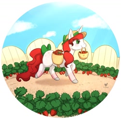 Size: 1515x1491 | Tagged: safe, artist:foxhatart, oc, oc only, oc:strawberry jam, pony, unicorn, basket, bow, female, food, hat, mare, mouth hold, solo, strawberry, tail, tail bow