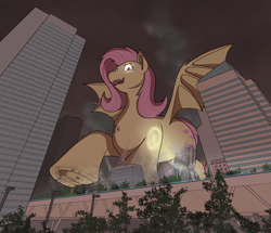Size: 4174x3589 | Tagged: safe, artist:rapidstrike, part of a set, fluttershy, bat pony, pony, series:giant flutterbat, g4, bat ponified, bat wings, building, california, chest fluff, crush fetish, destruction, fangs, female, fetish, flutterbat, frog (hoof), glowing, glowing eyes, helicopter, high res, macro, mare, open mouth, part of a series, race swap, san francisco, searchlight, solo, spread wings, underhoof, wings