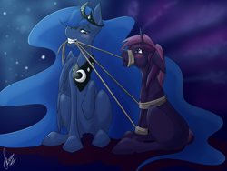Size: 4000x3000 | Tagged: safe, artist:stirren, princess luna, oc, alicorn, pony, unicorn, g4, blushing, bondage, commission, couple, female, floppy ears, grin, high res, horn, mare, mouth hold, rope, rope bondage, sitting, smiling, wings, your character here