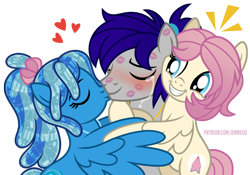 Size: 1100x770 | Tagged: safe, artist:jennieoo, oc, oc only, oc:gentle star, oc:maverick, oc:ocean soul, earth pony, pegasus, pony, cheek kiss, comforting, crying, cute, embrace, female, happy, hug, kiss mark, kissing, lipstick, love, male, ocbetes, show accurate, simple background, smiling, solo, soulverick, stallion, tears of joy, teary eyes, transparent background, vector