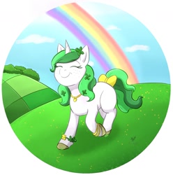 Size: 1470x1479 | Tagged: safe, artist:foxhatart, oc, oc only, oc:clover, pony, unicorn, bow, eyes closed, female, mare, partial background, rainbow, smiling, solo, tail, tail bow