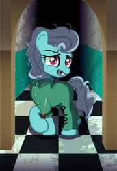 Size: 1400x2050 | Tagged: safe, artist:spellboundcanvas, screw loose, earth pony, pony, g4, clothes, crazy face, creepy, faic, female, hallway, jumpsuit, missing teeth, prison, prison outfit, prisoner, screwdriver, solo