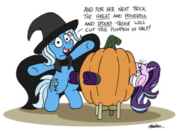 Size: 1024x757 | Tagged: safe, artist:bobthedalek, starlight glimmer, trixie, pony, unicorn, g4, assistant's outfit, bipedal, box, box sawing trick, cape, clothes, cuffs (clothes), duo, female, fishnet stockings, hat, high heels, inconvenient trixie, magic show, magic trick, mare, pumpkin, pumpky wumpkin, shoes, simple background, starlight glimmer is not amused, this will end in pain and/or death, this will end in tears, this will not end well, unamused, white background, witch costume, witch hat
