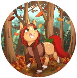 Size: 1506x1518 | Tagged: safe, artist:foxhatart, oc, oc only, oc:toffee apple, pony, unicorn, autumn, bow, clothes, eye clipping through hair, female, horn, leaf, leaves, mare, open mouth, open smile, smiling, solo, sweater, tail, tail bow, tree, unicorn oc