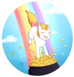 Size: 1347x1416 | Tagged: safe, artist:foxhatart, oc, oc only, oc:honey, pony, unicorn, coin, cute, eyes closed, female, mare, ocbetes, open mouth, pot of gold, solo