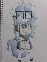 Size: 1548x2064 | Tagged: safe, artist:cherro, oc, oc only, oc:insatiable void, unicorn, semi-anthro, arm hooves, clothes, female, glasses, maid, milf, one eye closed, smiling, solo, traditional art, wink